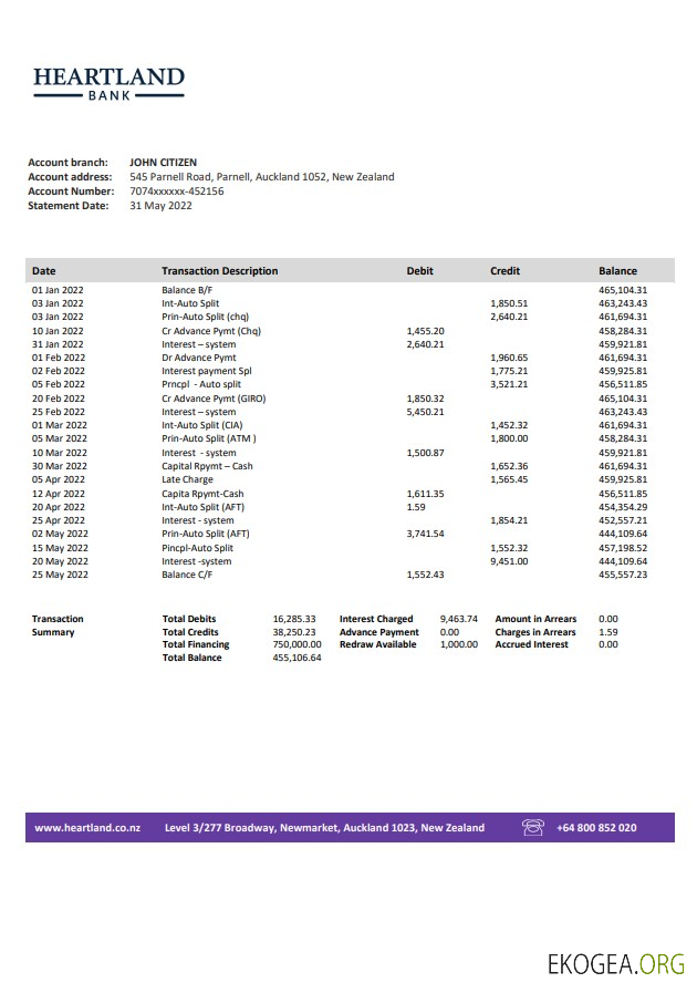 Relevé bancaire de Heartland en Nouvelle Zélande